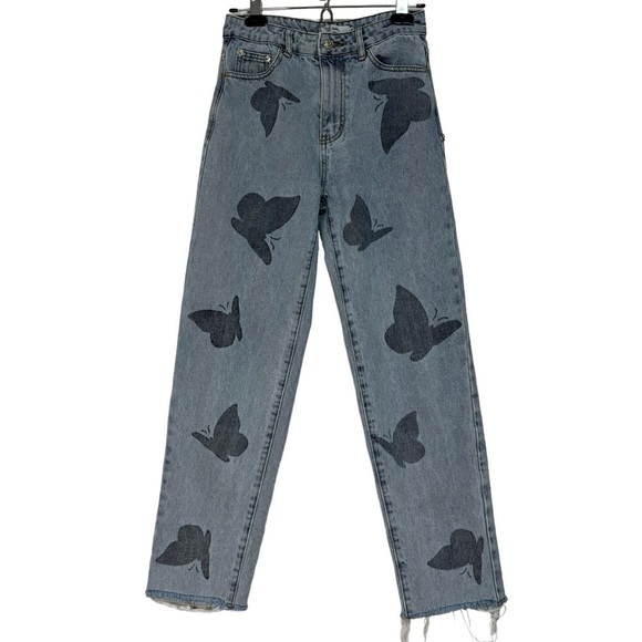 Adika Light Wash Cotton Straight Leg Butterfly Print Denim Jeans Size S - Picture 1 of 9